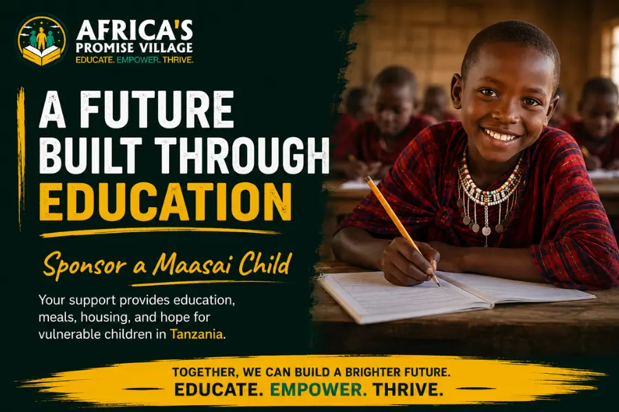 Maasai child in school uniform smiling while holding books in rural Tanzania
