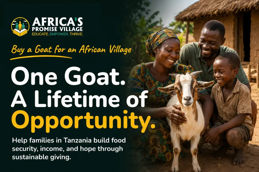Maasai family standing with a healthy goat in a rural Tanzanian village